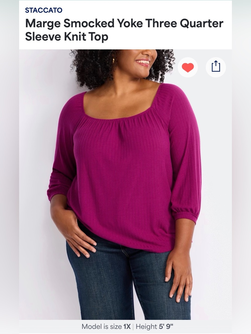 Staccato 3X Magenta Smocked Square Neck Balloon Sleeve Top